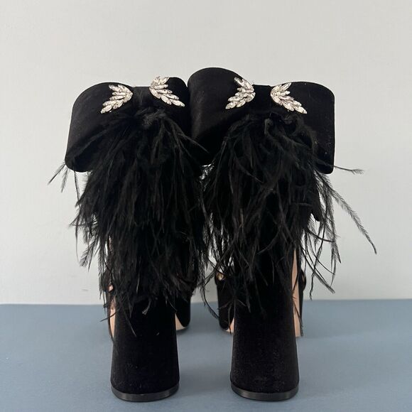 Antonio Melani Janie Black Velvet Rhinestone Bow Feather Platform Dress Sandals - Picture 4 of 8